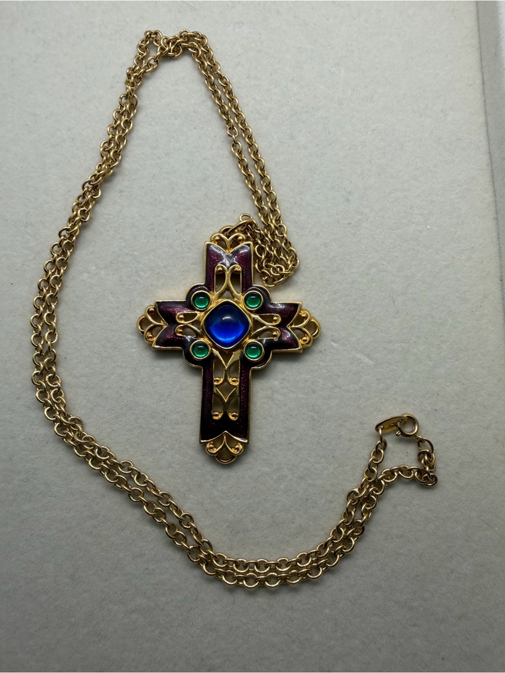 Vintage GoldTone Cross Pendant Necklace with Blue and Green Accents- Avon signed